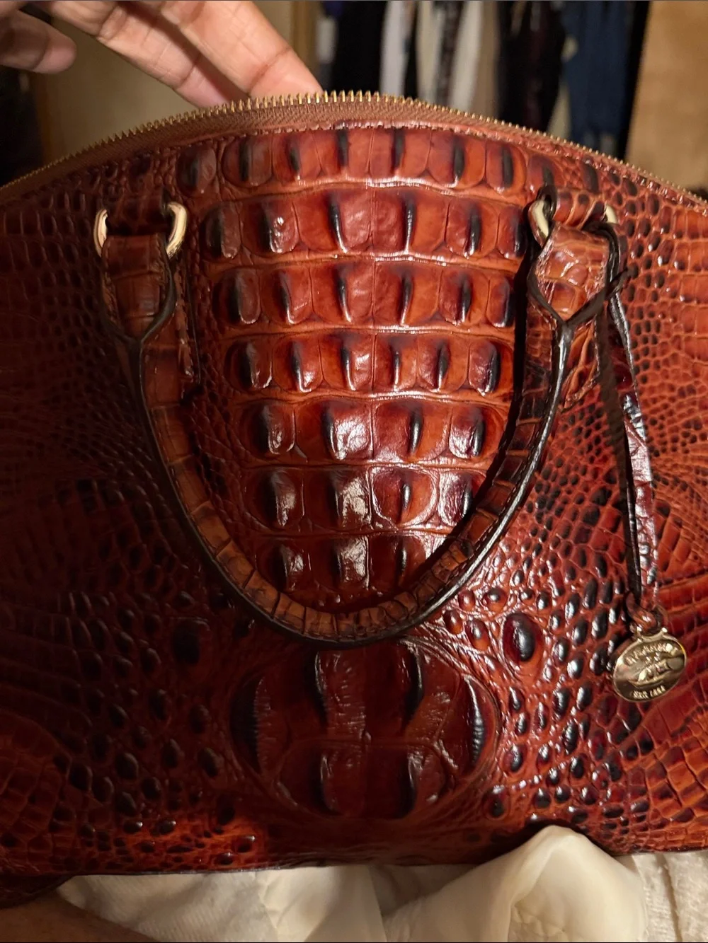 Women's Brahmin pecan Croc-Embossed Satchel Handbag in Cognac Brown with wallet